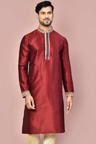 Mahroon dupion art silk kurta with  computerised embroidery machine work