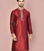 Mahroon dupion art silk kurta with  computerised embroidery machine work