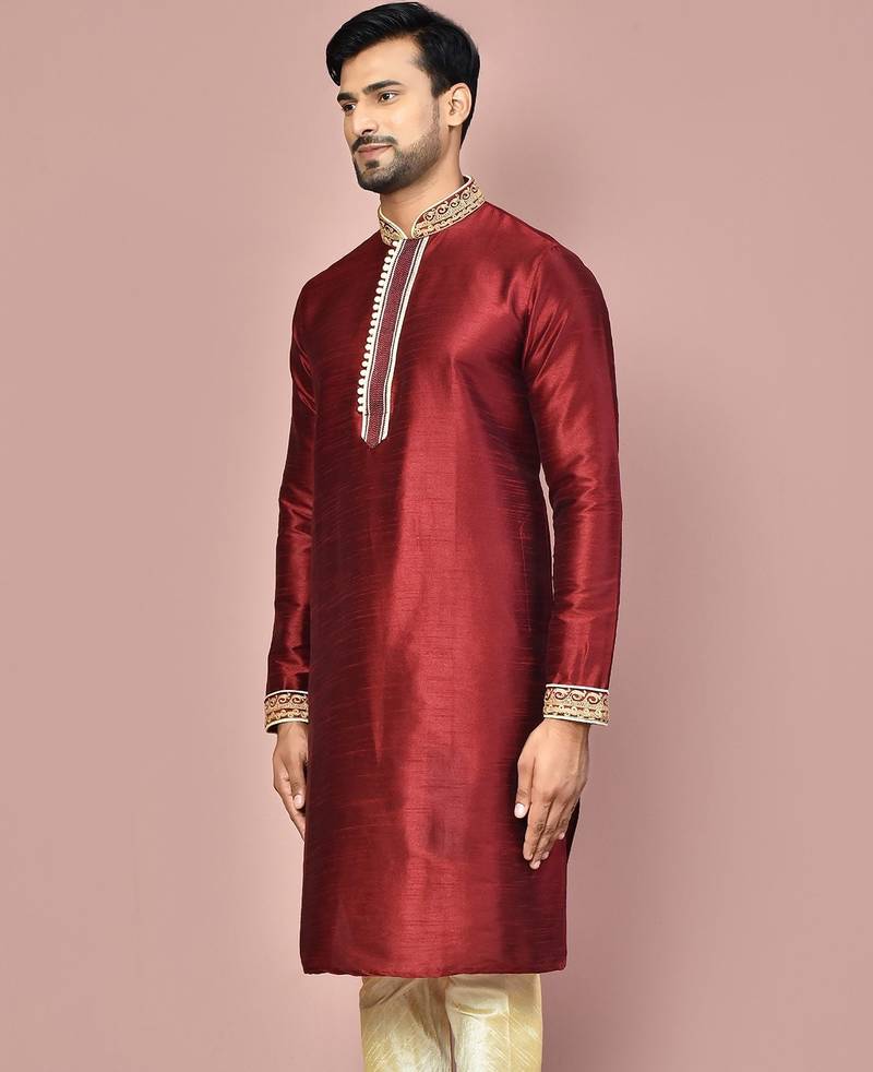 Mahroon dupion art silk kurta with  computerised embroidery machine work