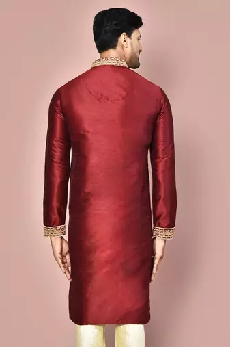 Mahroon dupion art silk kurta with  computerised embroidery machine work