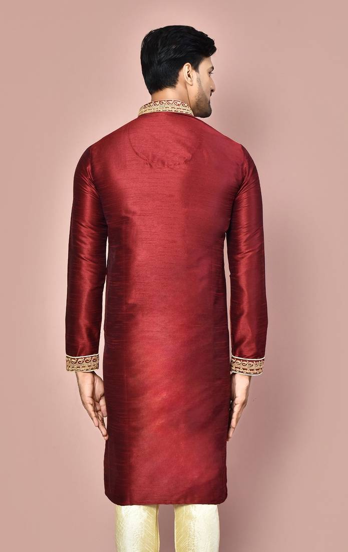 Mahroon dupion art silk kurta with  computerised embroidery machine work