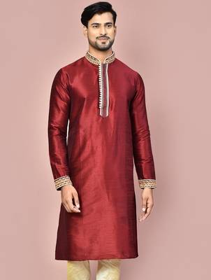 Red dupion art silk kurta with  computerised embroidery machine work 1