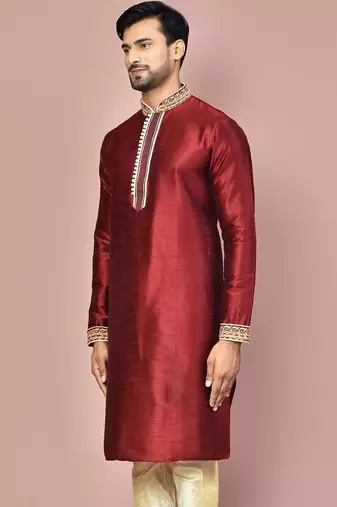 Red dupion art silk kurta with  computerised embroidery machine work