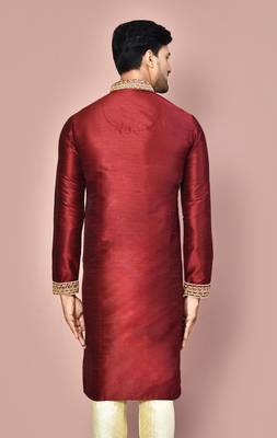 Red dupion art silk kurta with  computerised embroidery machine work 3