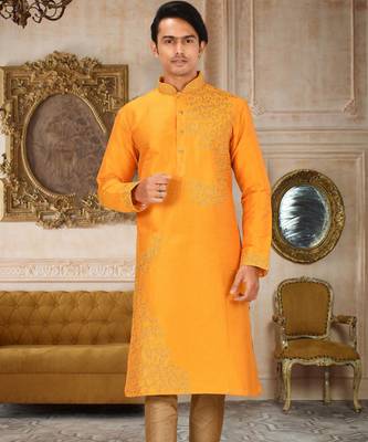 Yellow dupion art silk kurta with  computerised embroidery machine work 1