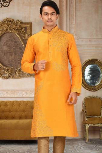 Yellow dupion art silk kurta with  computerised embroidery machine work