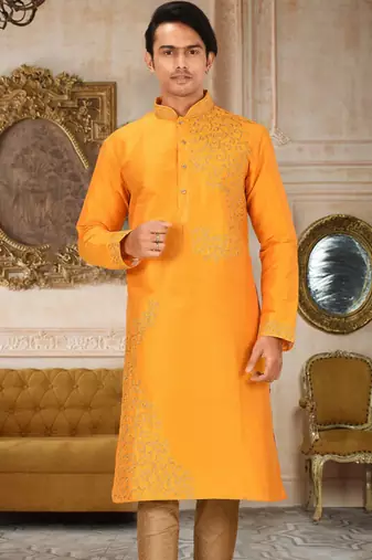 Yellow dupion art silk kurta with  computerised embroidery machine work