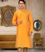 Yellow dupion art silk kurta with  computerised embroidery machine work