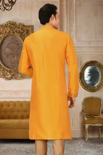 Yellow dupion art silk kurta with  computerised embroidery machine work