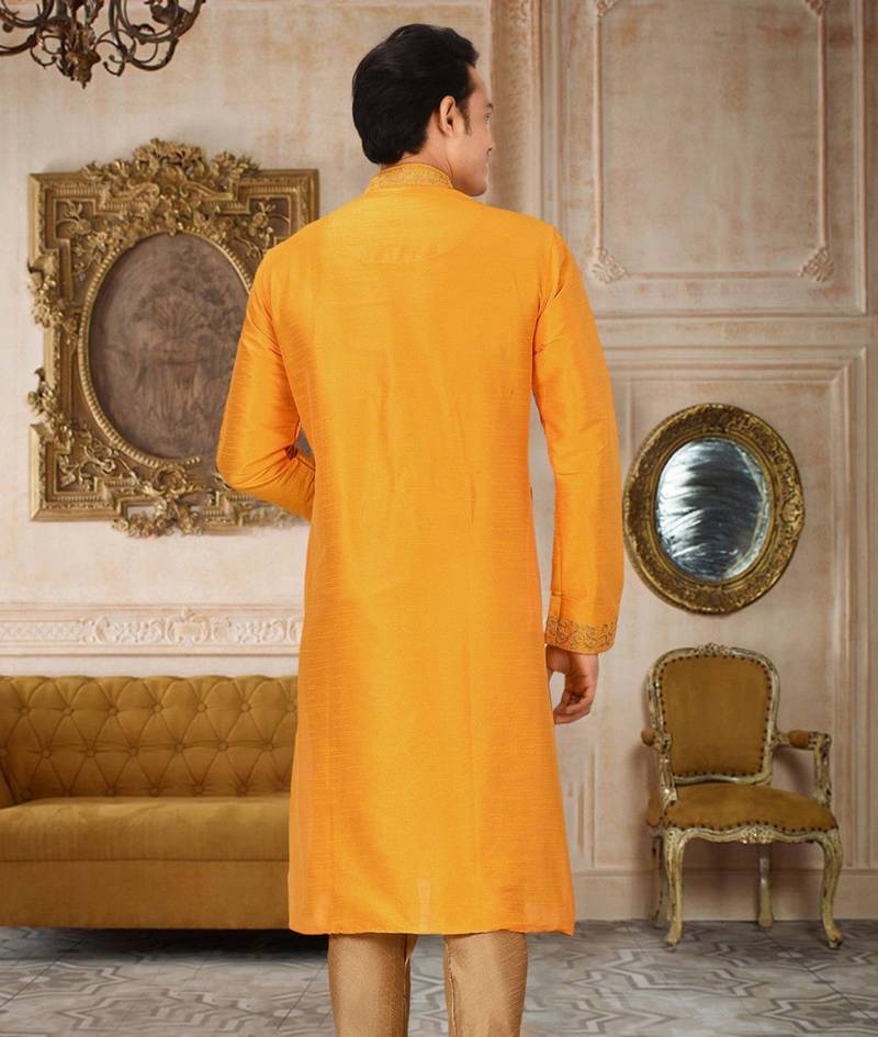 Yellow dupion art silk kurta with  computerised embroidery machine work