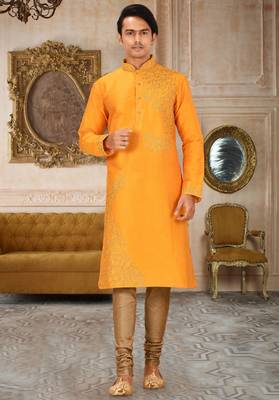 Yellow dupion art silk kurta with  computerised embroidery machine work 3