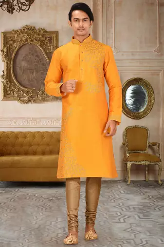 Yellow dupion art silk kurta with  computerised embroidery machine work