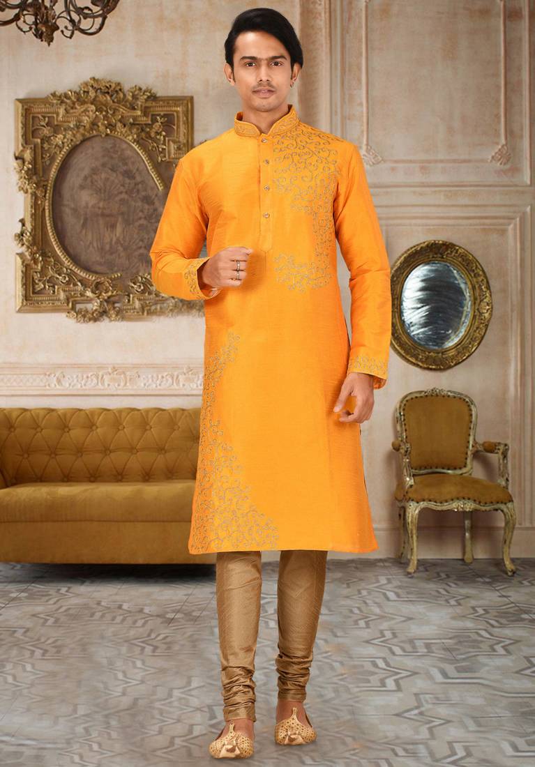 Yellow dupion art silk kurta with  computerised embroidery machine work