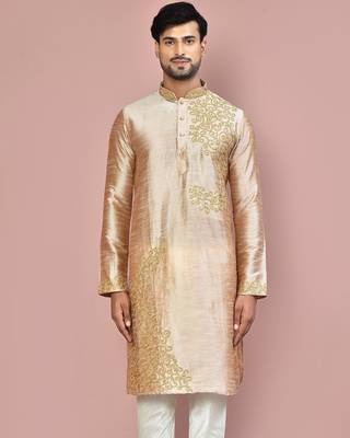Dark beige dupion art silk kurta with  computerised embroidery machine work 1