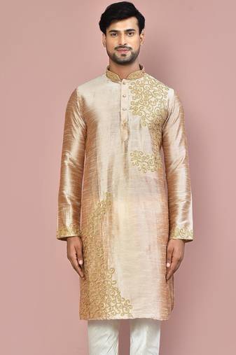 Dark beige dupion art silk kurta with  computerised embroidery machine work