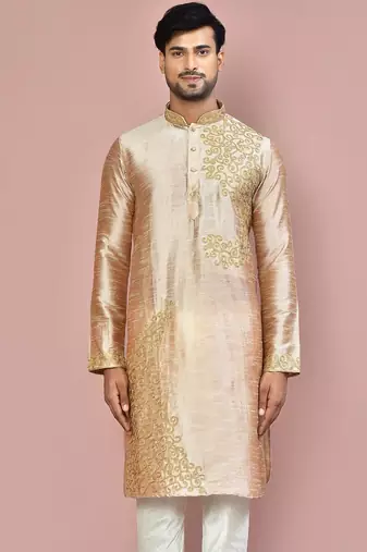 Dark beige dupion art silk kurta with  computerised embroidery machine work