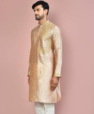 Dark beige dupion art silk kurta with  computerised embroidery machine work 2