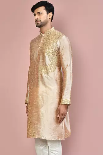 Dark beige dupion art silk kurta with  computerised embroidery machine work
