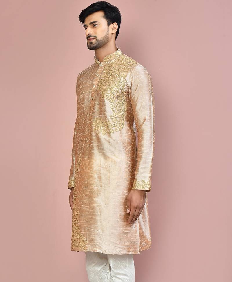 Dark beige dupion art silk kurta with  computerised embroidery machine work