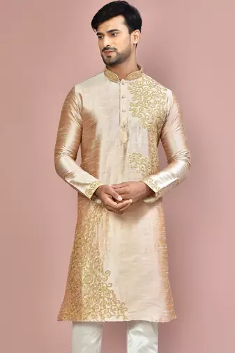 Dark beige dupion art silk kurta with  computerised embroidery machine work