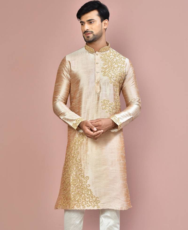 Dark beige dupion art silk kurta with  computerised embroidery machine work