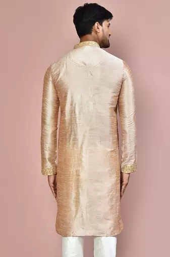 Dark beige dupion art silk kurta with  computerised embroidery machine work