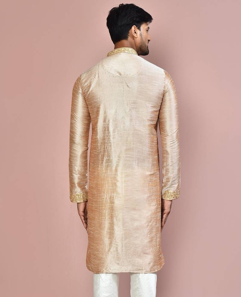 Dark beige dupion art silk kurta with  computerised embroidery machine work