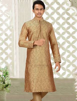 Dark beige dupion art silk kurta with  computerised embroidery machine work 1