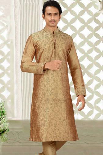Dark beige dupion art silk kurta with  computerised embroidery machine work