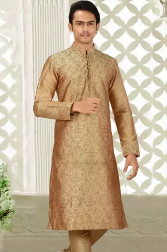 Dark beige dupion art silk kurta with  computerised embroidery machine work