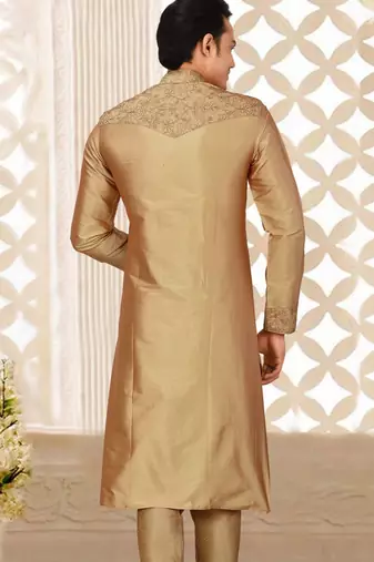 Dark beige dupion art silk kurta with  computerised embroidery machine work