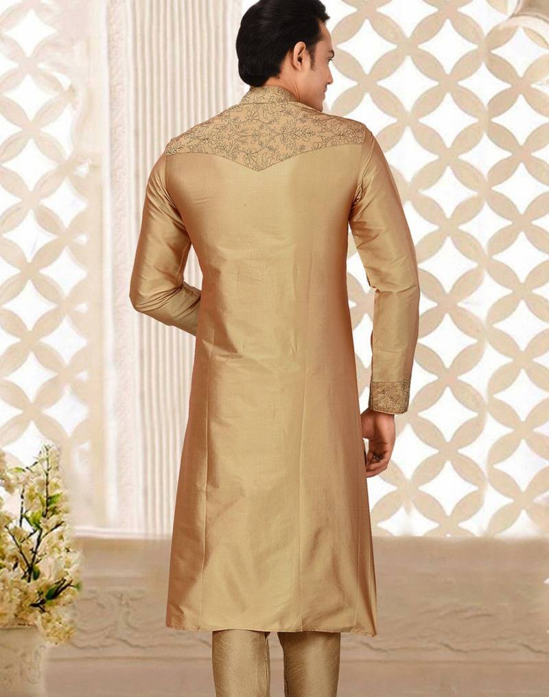 Dark beige dupion art silk kurta with  computerised embroidery machine work