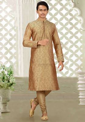 Dark beige dupion art silk kurta with  computerised embroidery machine work 3