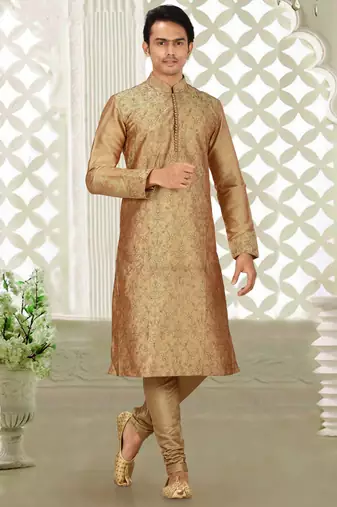 Dark beige dupion art silk kurta with  computerised embroidery machine work