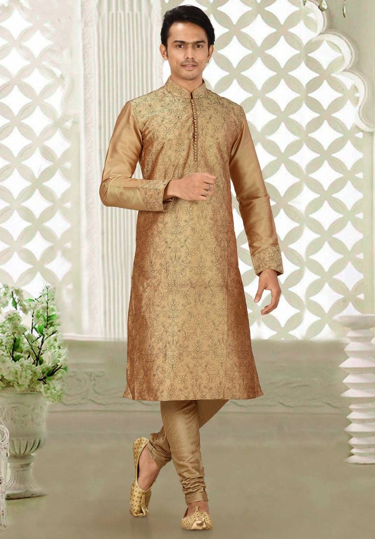 Dark beige dupion art silk kurta with  computerised embroidery machine work
