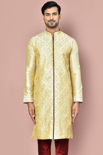 Fawn dupion art silk kurta with  computerised embroidery machine work