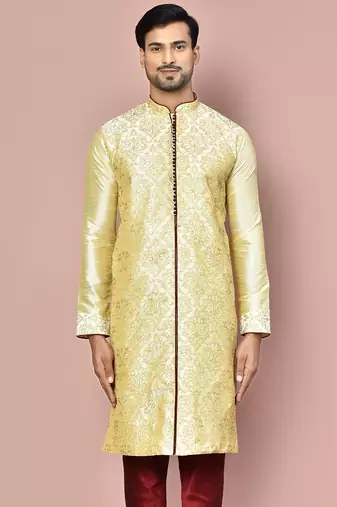 Fawn dupion art silk kurta with  computerised embroidery machine work