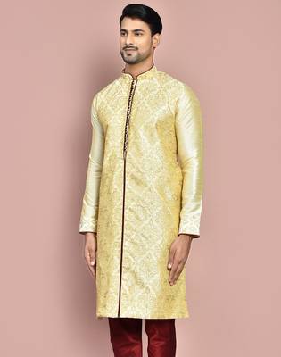 Fawn dupion art silk kurta with  computerised embroidery machine work 2