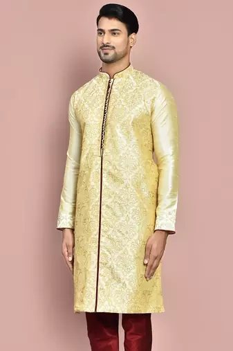 Fawn dupion art silk kurta with  computerised embroidery machine work