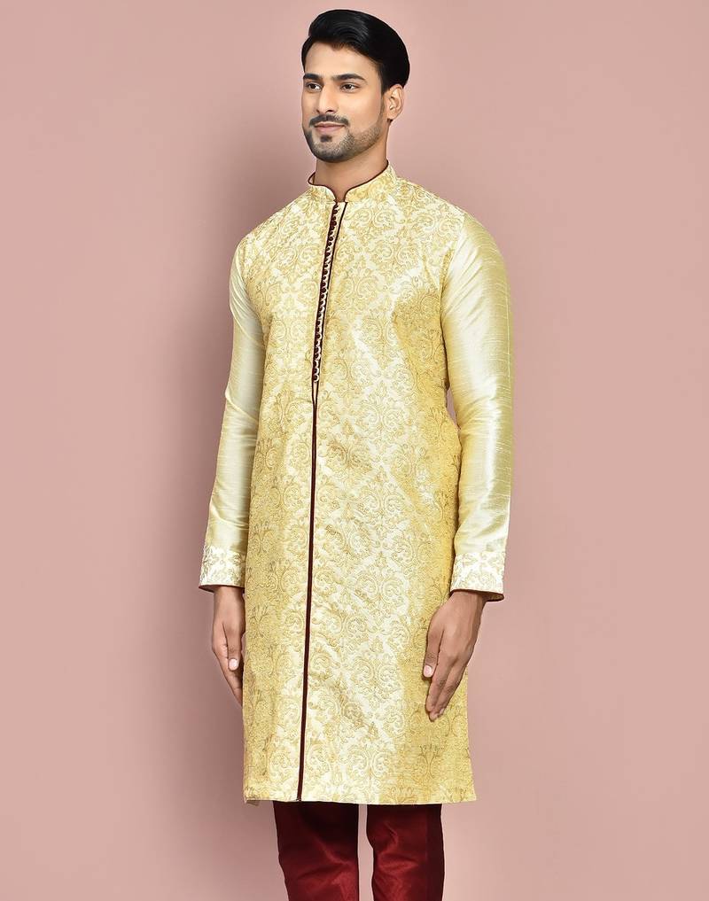 Fawn dupion art silk kurta with  computerised embroidery machine work
