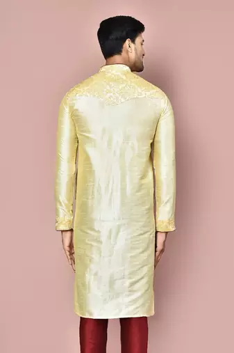 Fawn dupion art silk kurta with  computerised embroidery machine work