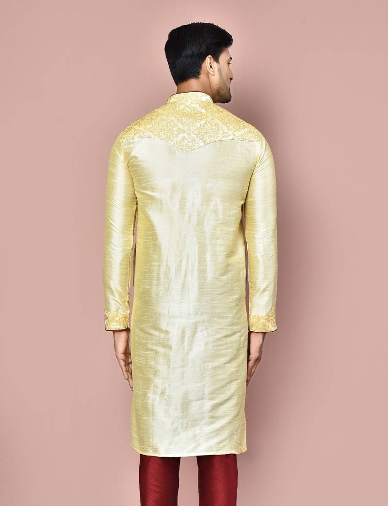 Fawn dupion art silk kurta with  computerised embroidery machine work