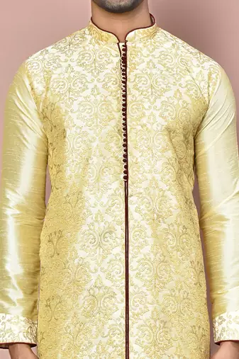 Fawn dupion art silk kurta with  computerised embroidery machine work