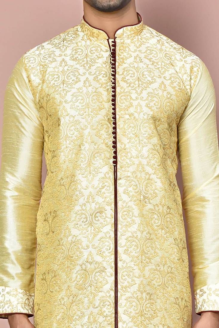 Fawn dupion art silk kurta with  computerised embroidery machine work