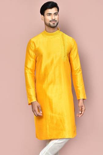 Yellow dupion art silk kurta with  computerised embroidery machine work