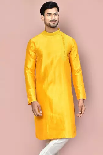 Yellow dupion art silk kurta with  computerised embroidery machine work