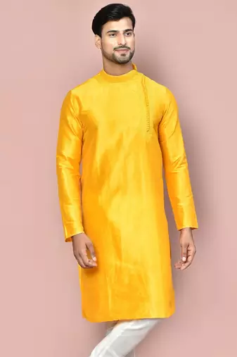Yellow dupion art silk kurta with  computerised embroidery machine work