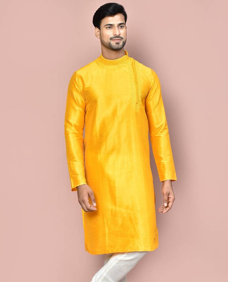 Yellow dupion art silk kurta with  computerised embroidery machine work