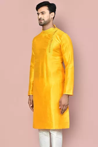 Yellow dupion art silk kurta with  computerised embroidery machine work