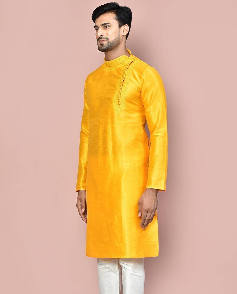 Yellow dupion art silk kurta with  computerised embroidery machine work